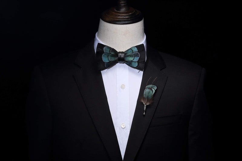 RBOCOTT Blue Feather Pre-tied Bow tie Leather Bowtie and Brooch Sets for Men(3) - Image 4